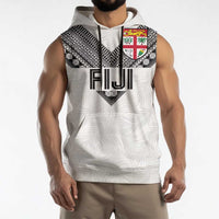 Custom Rugby Fiji Sleeveless Hoodie Fijian Masi Tribal Sporty Style White Color - Polynesian Pride