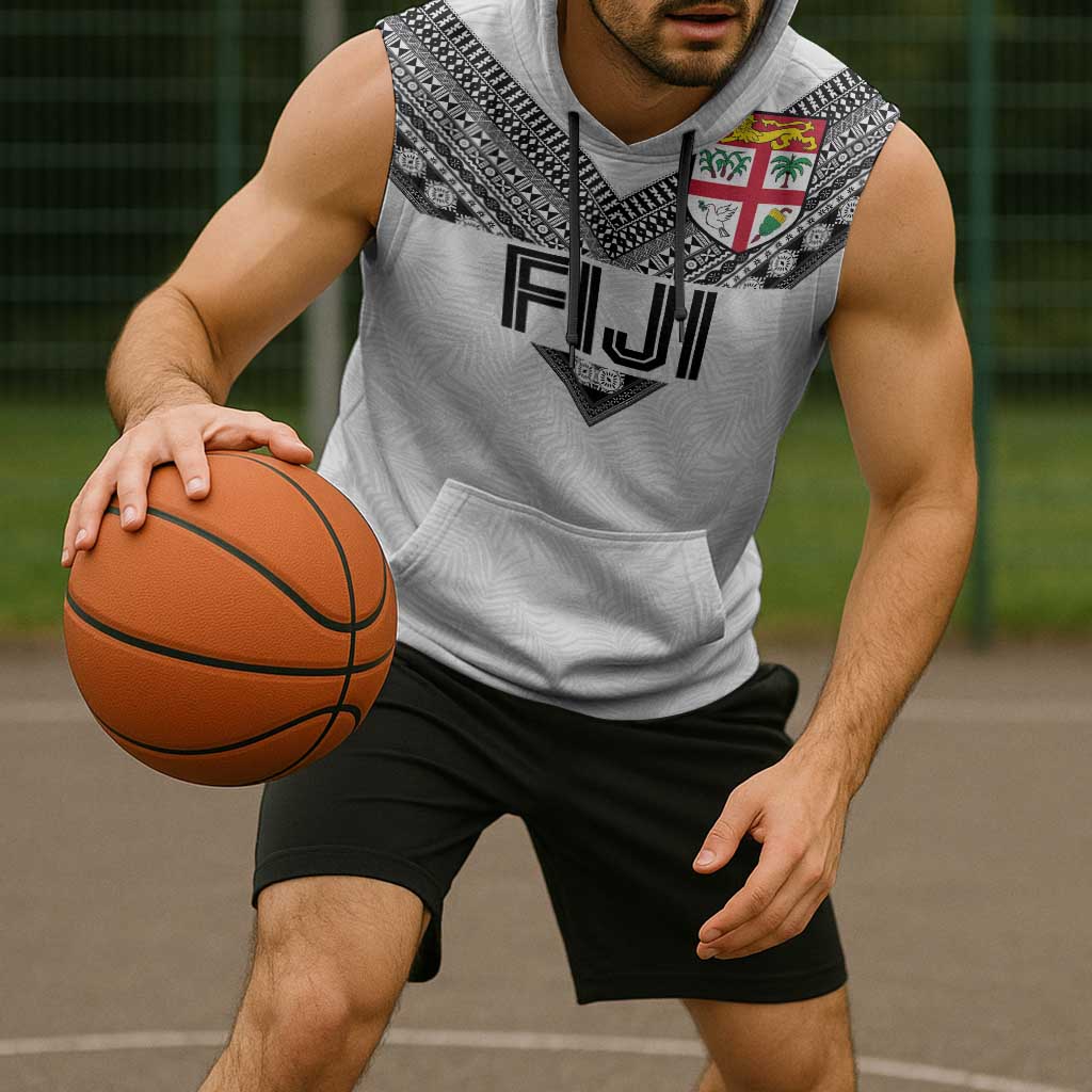 Custom Rugby Fiji Sleeveless Hoodie Fijian Masi Tribal Sporty Style White Color - Polynesian Pride
