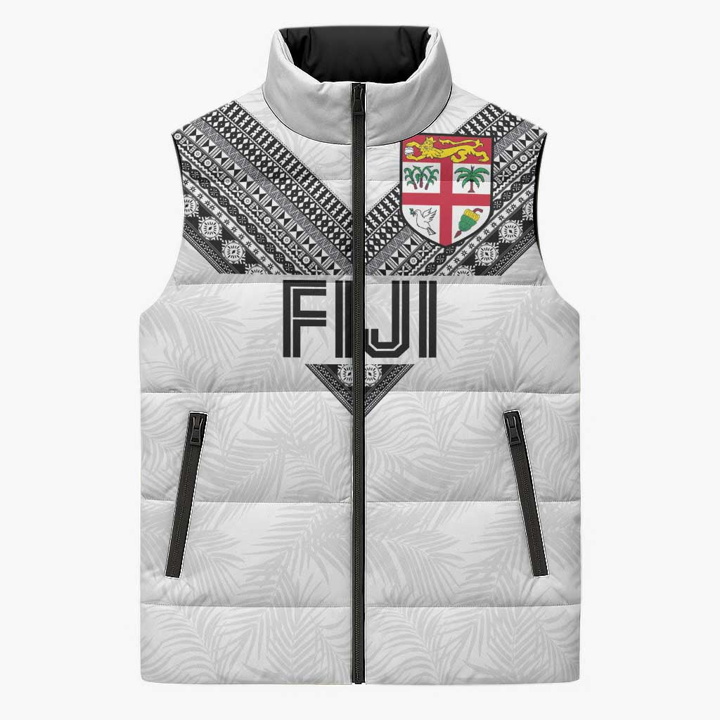 Custom Rugby Fiji Sleeveless Puffer Jacket Fijian Masi Tribal Sporty Style White Color - Polynesian Pride