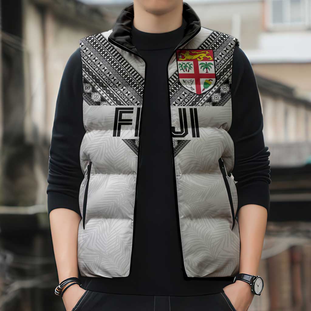 Custom Rugby Fiji Sleeveless Puffer Jacket Fijian Masi Tribal Sporty Style White Color - Polynesian Pride