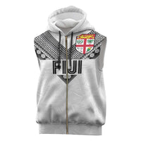 Custom Rugby Fiji Sleeveless Zip Hoodie Fijian Masi Tribal Sporty Style White Color - Polynesian Pride