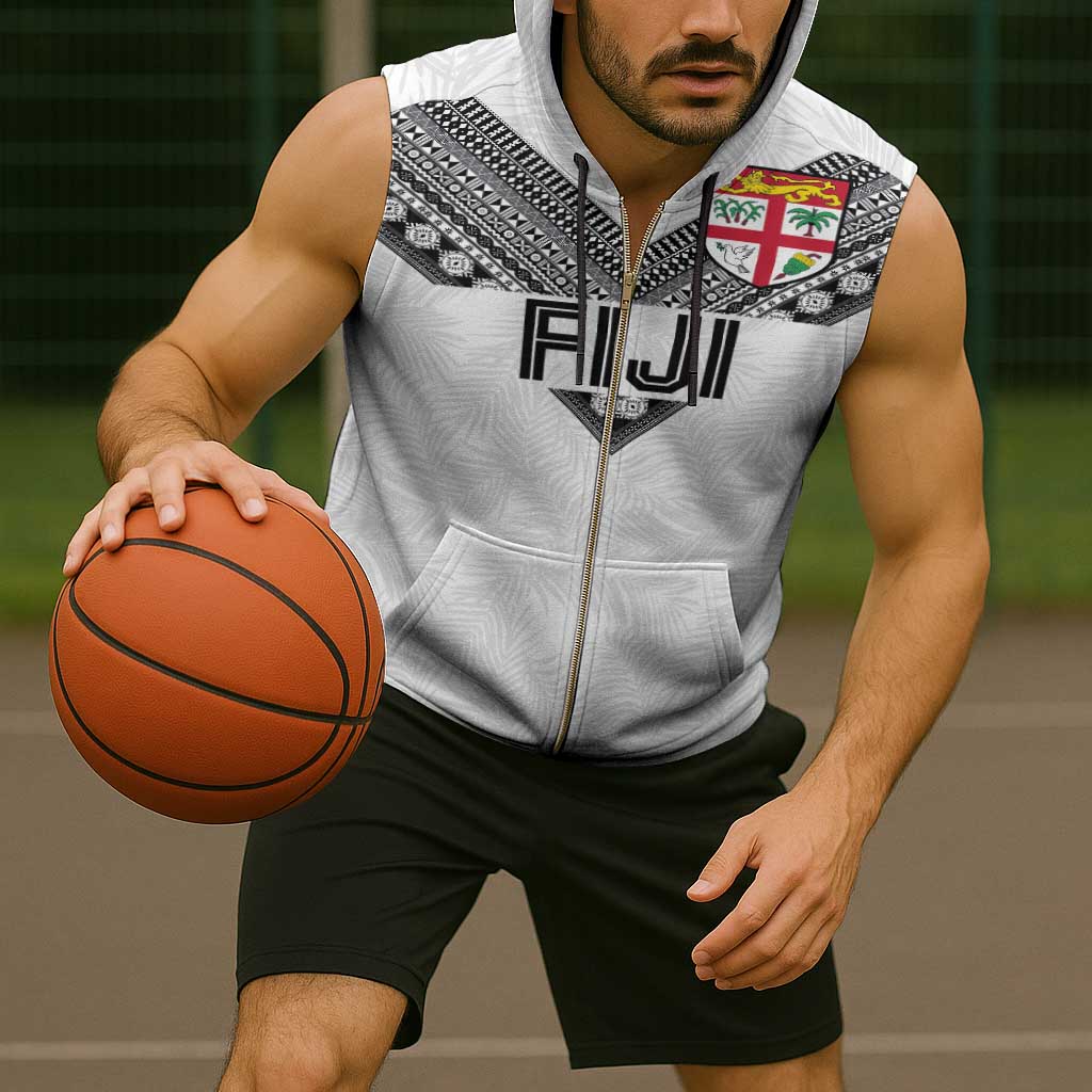 Custom Rugby Fiji Sleeveless Zip Hoodie Fijian Masi Tribal Sporty Style White Color - Polynesian Pride