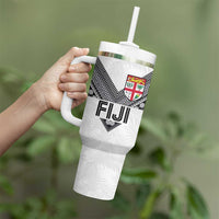 Custom Rugby Fiji Tumbler With Handle Fijian Masi Tribal Sporty Style White Color - Polynesian Pride