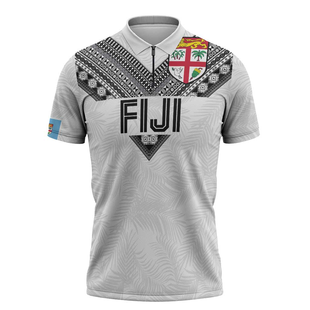 Custom Rugby Fiji Zipper Polo Shirt Fijian Masi Tribal Sporty Style White Color - Polynesian Pride