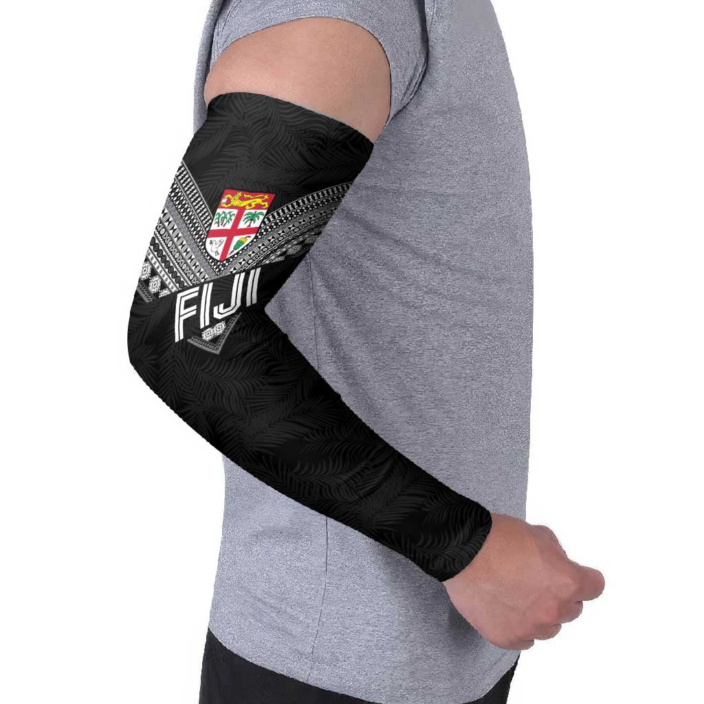Custom Rugby Fiji Arm Sleeves Fijian Masi Tribal Sporty Style Black Color - Polynesian Pride