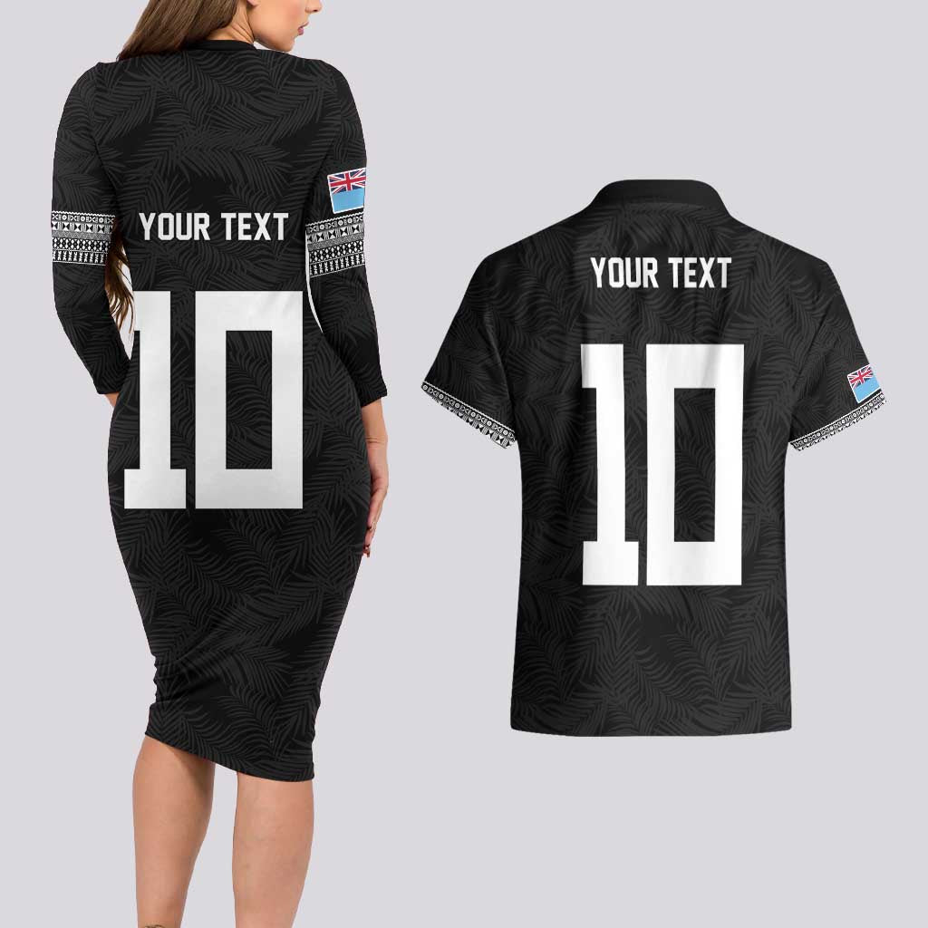Custom Rugby Fiji Couples Matching Long Sleeve Bodycon Dress and Hawaiian Shirt Fijian Masi Tribal Sporty Style Black Color - Polynesian Pride