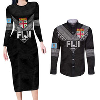 Custom Rugby Fiji Couples Matching Long Sleeve Bodycon Dress and Long Sleeve Button Shirt Fijian Masi Tribal Sporty Style Black Color - Polynesian Pride