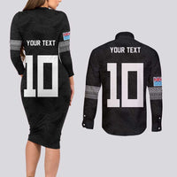 Custom Rugby Fiji Couples Matching Long Sleeve Bodycon Dress and Long Sleeve Button Shirt Fijian Masi Tribal Sporty Style Black Color - Polynesian Pride
