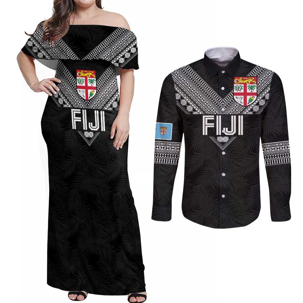 Custom Rugby Fiji Couples Matching Off Shoulder Maxi Dress and Long Sleeve Button Shirt Fijian Masi Tribal Sporty Style Black Color - Polynesian Pride