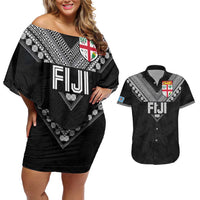 Custom Rugby Fiji Couples Matching Off Shoulder Short Dress and Hawaiian Shirt Fijian Masi Tribal Sporty Style Black Color - Polynesian Pride