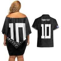 Custom Rugby Fiji Couples Matching Off Shoulder Short Dress and Hawaiian Shirt Fijian Masi Tribal Sporty Style Black Color - Polynesian Pride