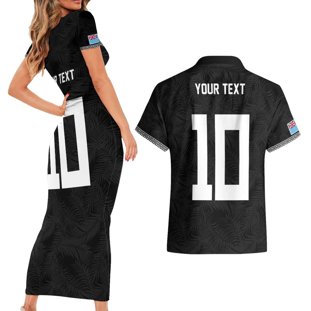Custom Rugby Fiji Couples Matching Short Sleeve Bodycon Dress and Hawaiian Shirt Fijian Masi Tribal Sporty Style Black Color - Polynesian Pride