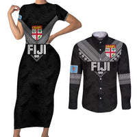 Custom Rugby Fiji Couples Matching Short Sleeve Bodycon Dress and Long Sleeve Button Shirt Fijian Masi Tribal Sporty Style Black Color - Polynesian Pride