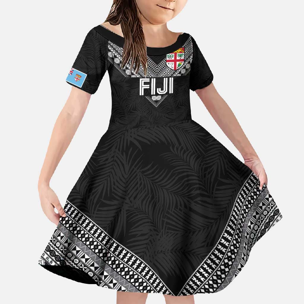 Custom Rugby Fiji Family Matching Long Sleeve Bodycon Dress and Hawaiian Shirt Fijian Masi Tribal Sporty Style Black Color - Polynesian Pride