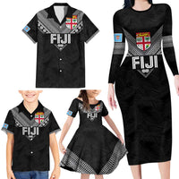 Custom Rugby Fiji Family Matching Long Sleeve Bodycon Dress and Hawaiian Shirt Fijian Masi Tribal Sporty Style Black Color - Polynesian Pride