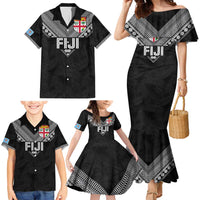 Custom Rugby Fiji Family Matching Mermaid Dress and Hawaiian Shirt Fijian Masi Tribal Sporty Style Black Color - Polynesian Pride