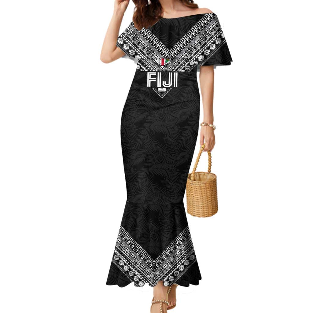Custom Rugby Fiji Family Matching Mermaid Dress and Hawaiian Shirt Fijian Masi Tribal Sporty Style Black Color - Polynesian Pride