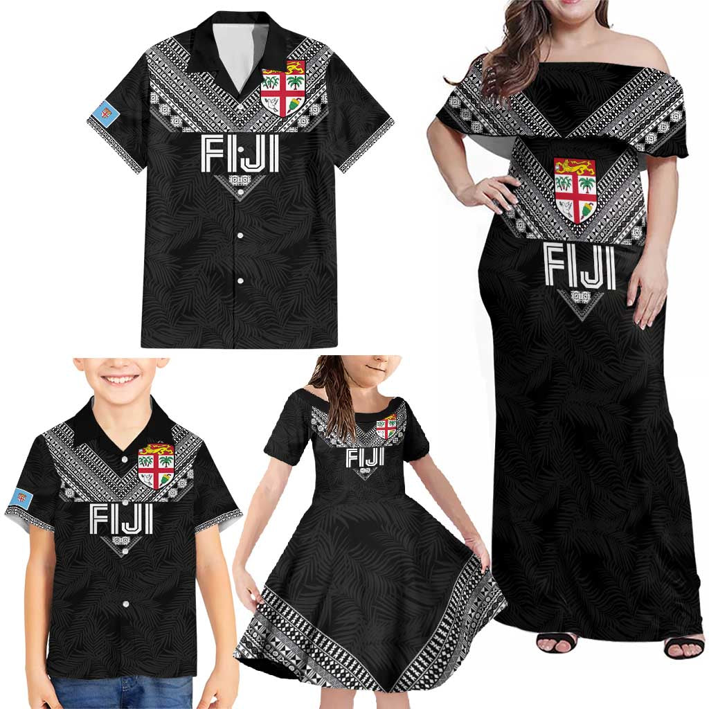 Custom Rugby Fiji Family Matching Off Shoulder Maxi Dress and Hawaiian Shirt Fijian Masi Tribal Sporty Style Black Color - Polynesian Pride