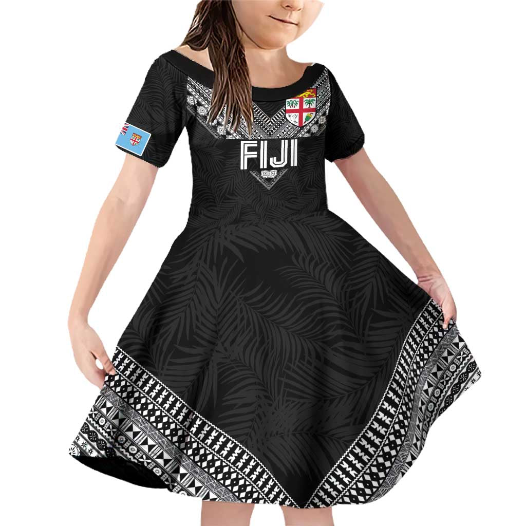 Custom Rugby Fiji Family Matching Off Shoulder Short Dress and Hawaiian Shirt Fijian Masi Tribal Sporty Style Black Color - Polynesian Pride