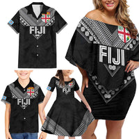 Custom Rugby Fiji Family Matching Off Shoulder Short Dress and Hawaiian Shirt Fijian Masi Tribal Sporty Style Black Color - Polynesian Pride