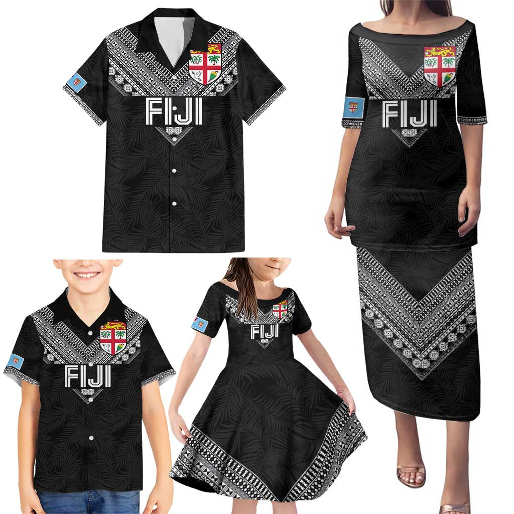 Custom Rugby Fiji Family Matching Puletasi and Hawaiian Shirt Fijian Masi Tribal Sporty Style Black Color - Polynesian Pride
