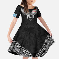 Custom Rugby Fiji Family Matching Tank Maxi Dress and Hawaiian Shirt Fijian Masi Tribal Sporty Style Black Color - Polynesian Pride