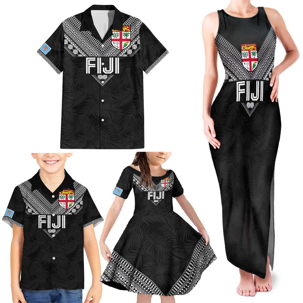 Custom Rugby Fiji Family Matching Tank Maxi Dress and Hawaiian Shirt Fijian Masi Tribal Sporty Style Black Color - Polynesian Pride