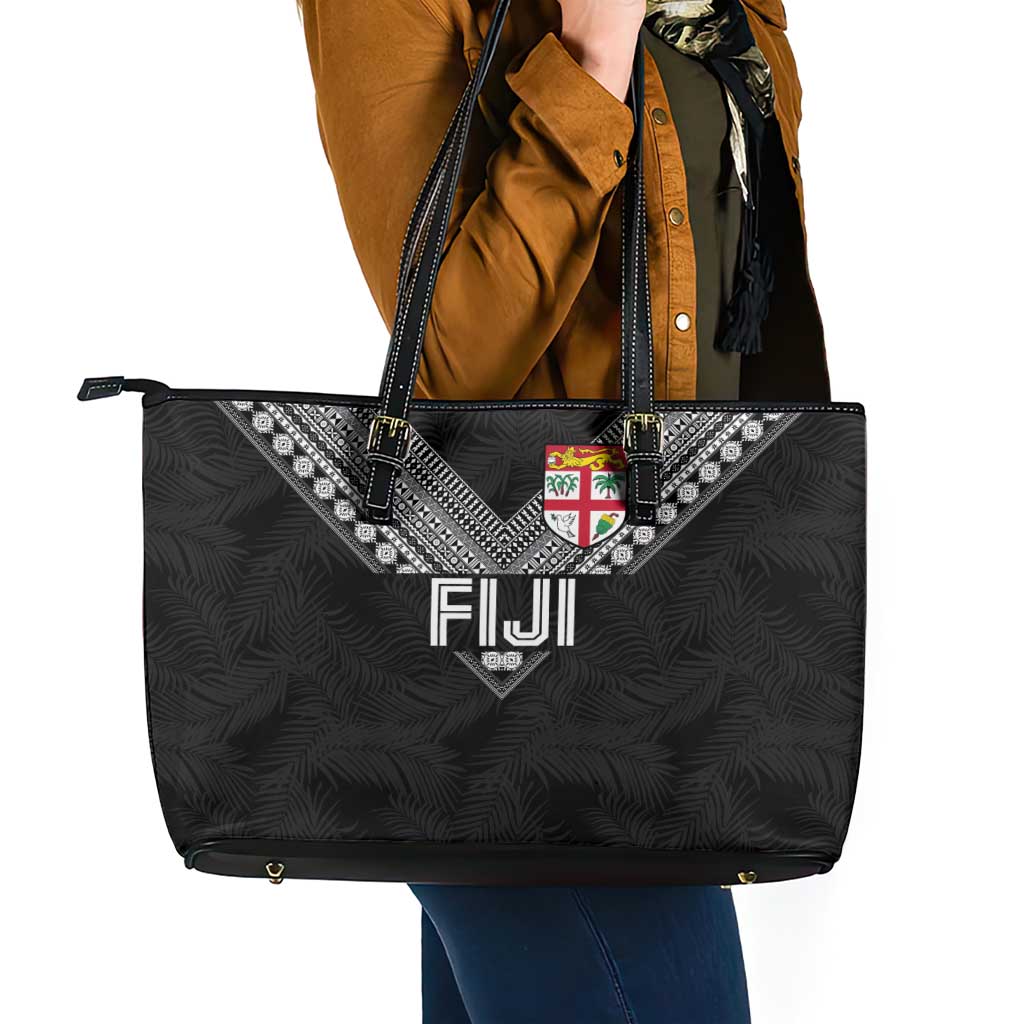 Rugby Fiji Leather Tote Bag Fijian Masi Tribal Sporty Style Black Color - Polynesian Pride