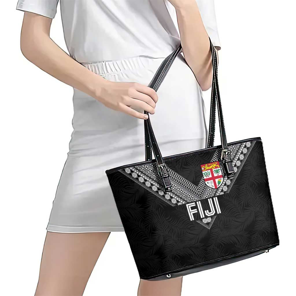 Rugby Fiji Leather Tote Bag Fijian Masi Tribal Sporty Style Black Color - Polynesian Pride