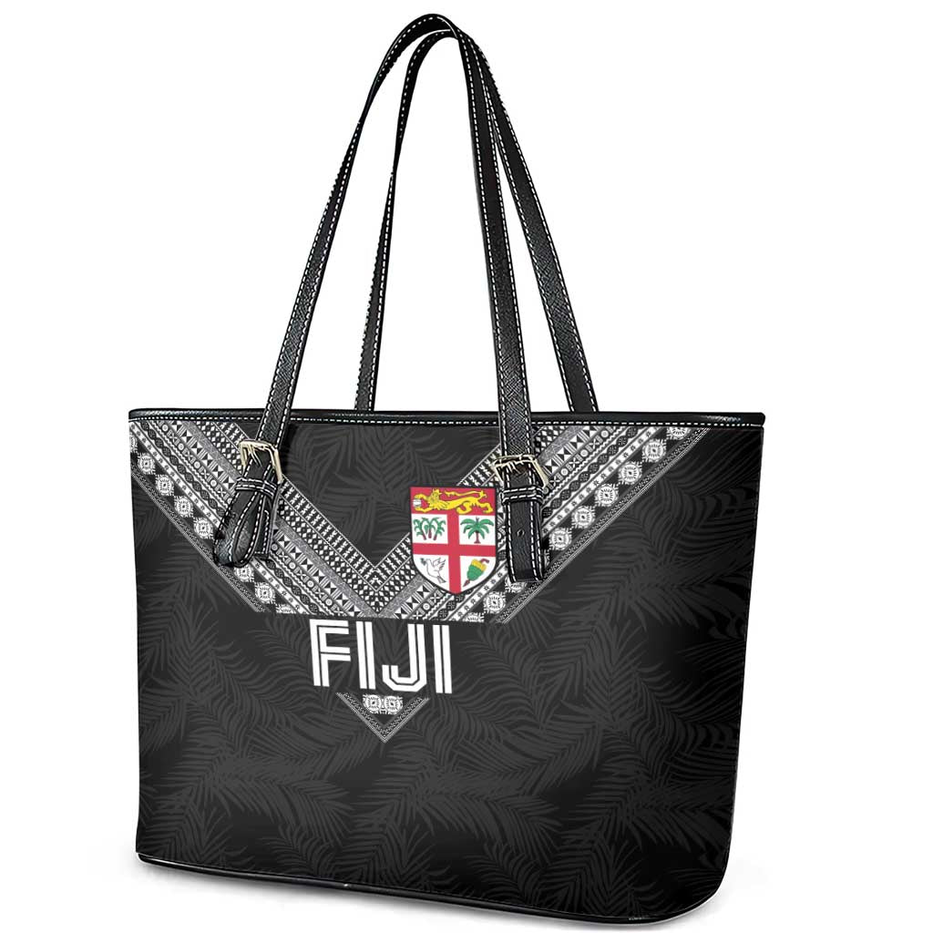 Rugby Fiji Leather Tote Bag Fijian Masi Tribal Sporty Style Black Color - Polynesian Pride