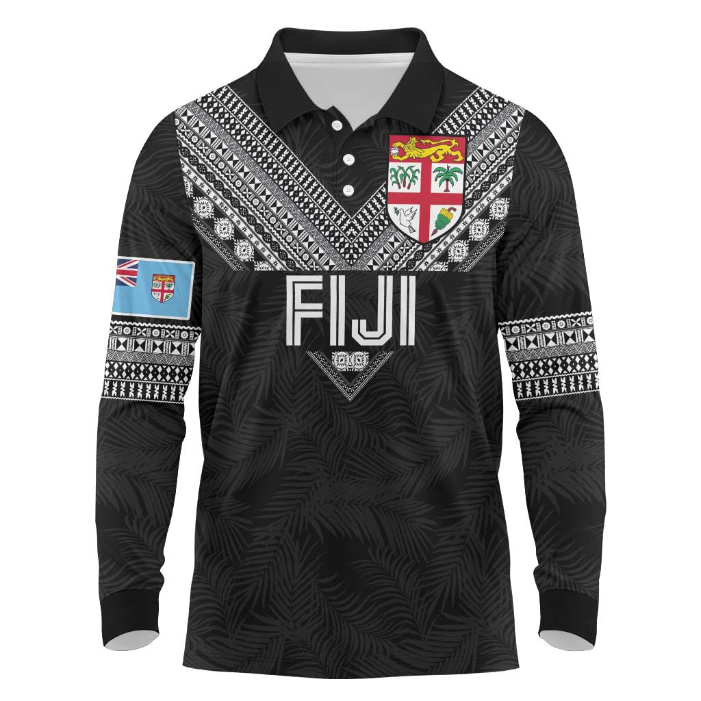 Custom Rugby Fiji Long Sleeve Polo Shirt Fijian Masi Tribal Sporty Style Black Color - Polynesian Pride