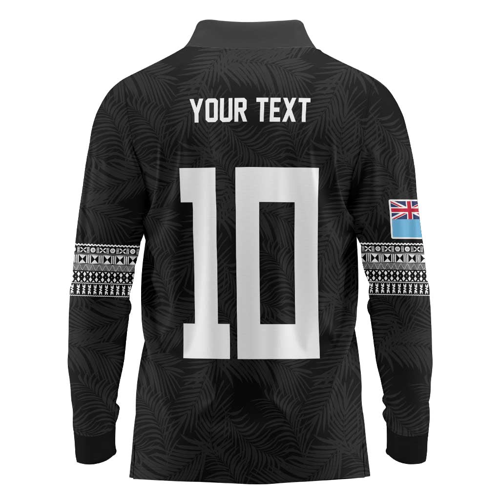 Custom Rugby Fiji Long Sleeve Polo Shirt Fijian Masi Tribal Sporty Style Black Color - Polynesian Pride
