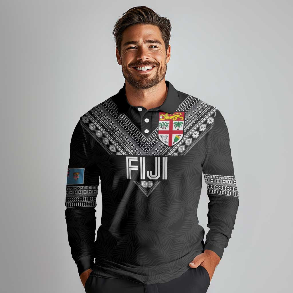 Custom Rugby Fiji Long Sleeve Polo Shirt Fijian Masi Tribal Sporty Style Black Color - Polynesian Pride