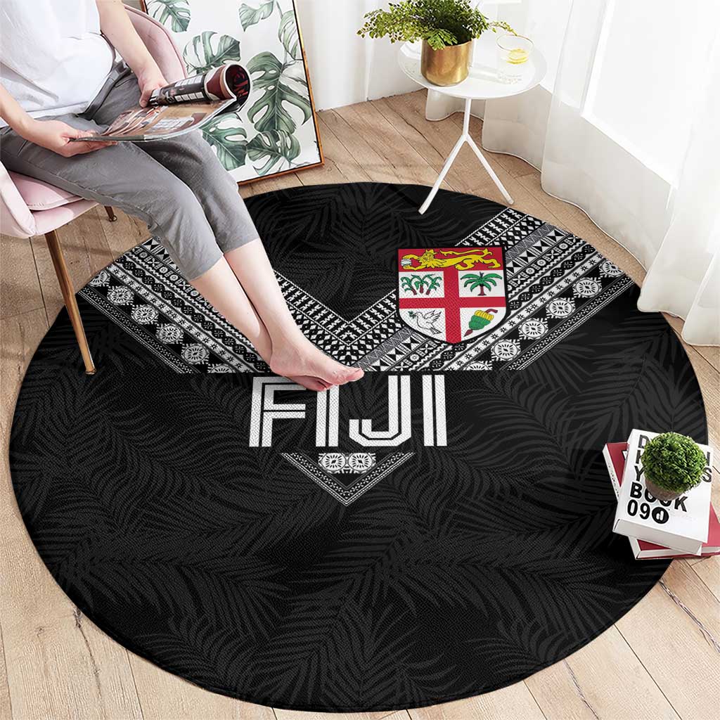 Rugby Fiji Round Carpet Fijian Masi Tribal Sporty Style Black Color - Polynesian Pride
