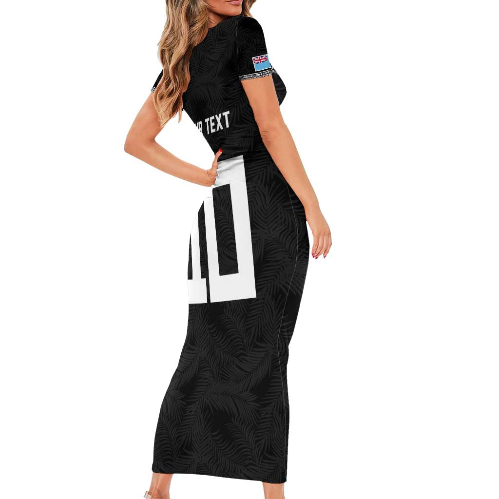Custom Rugby Fiji Short Sleeve Bodycon Dress Fijian Masi Tribal Sporty Style Black Color - Polynesian Pride