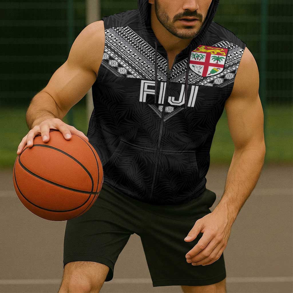 Custom Rugby Fiji Sleeveless Zip Hoodie Fijian Masi Tribal Sporty Style Black Color - Polynesian Pride