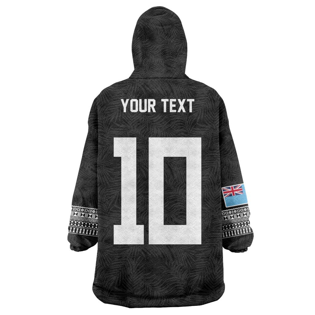 Custom Rugby Fiji Wearable Blanket Hoodie Fijian Masi Tribal Sporty Style Black Color - Polynesian Pride