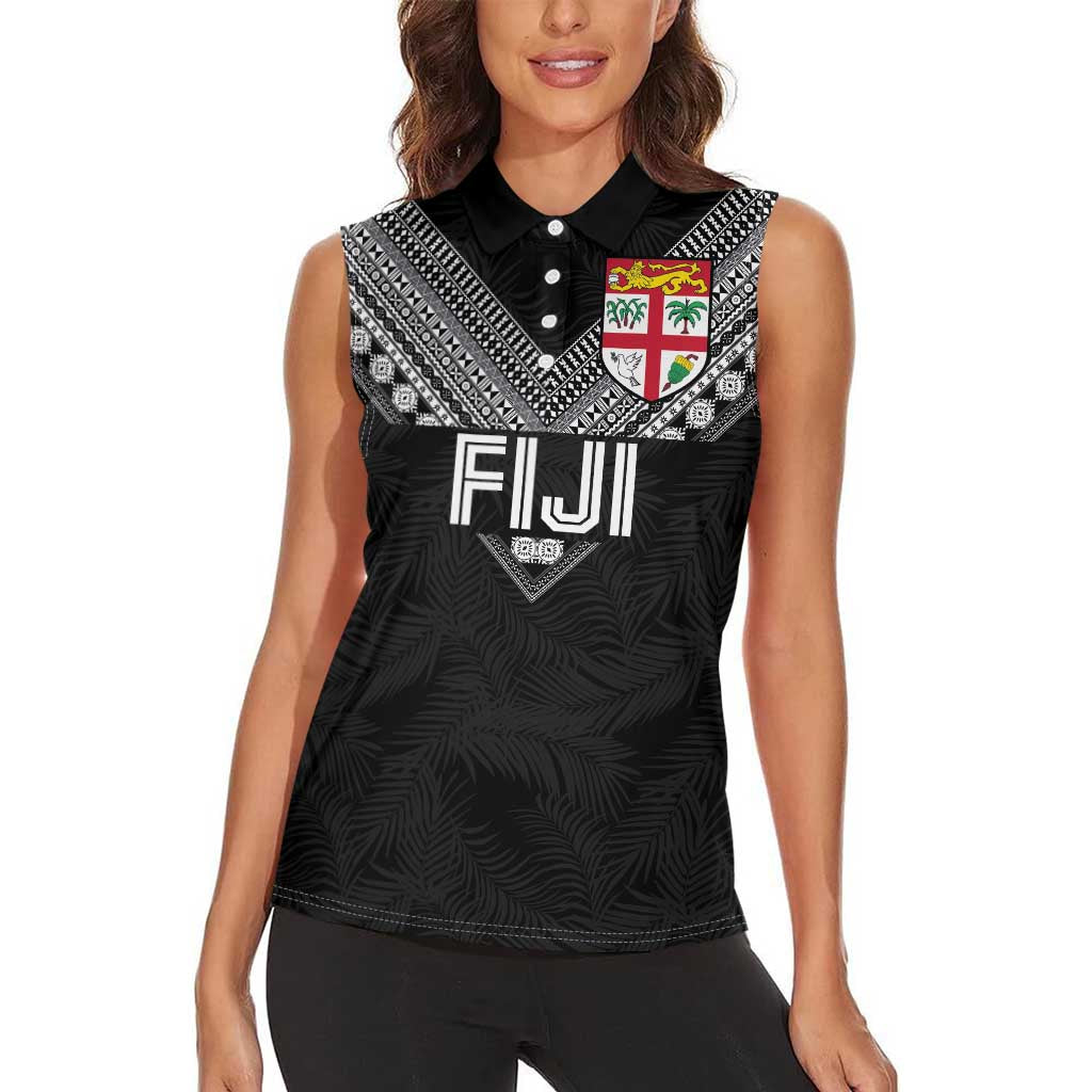 Custom Rugby Fiji Women Sleeveless Polo Shirt Fijian Masi Tribal Sporty Style Black Color - Polynesian Pride