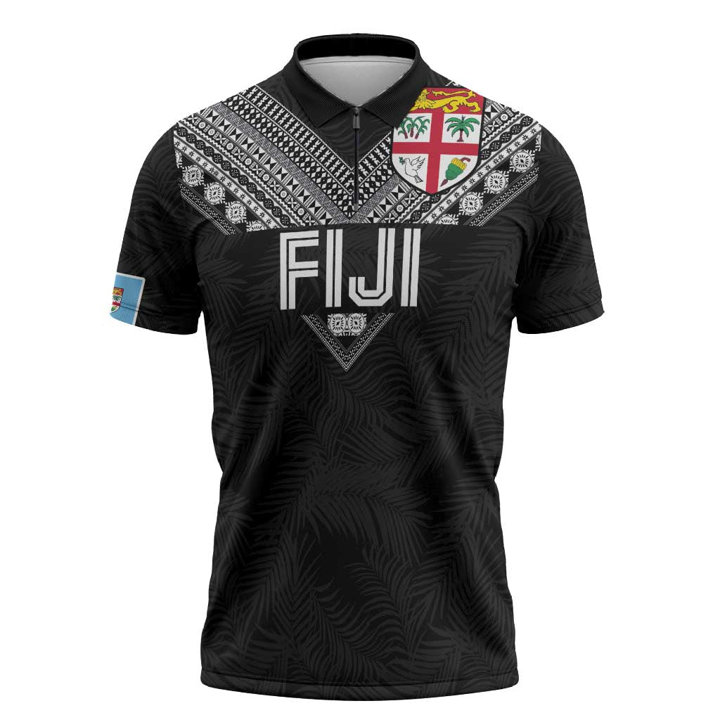 Custom Rugby Fiji Zipper Polo Shirt Fijian Masi Tribal Sporty Style Black Color - Polynesian Pride
