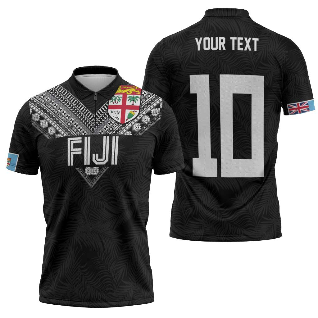 Custom Rugby Fiji Zipper Polo Shirt Fijian Masi Tribal Sporty Style Black Color - Polynesian Pride