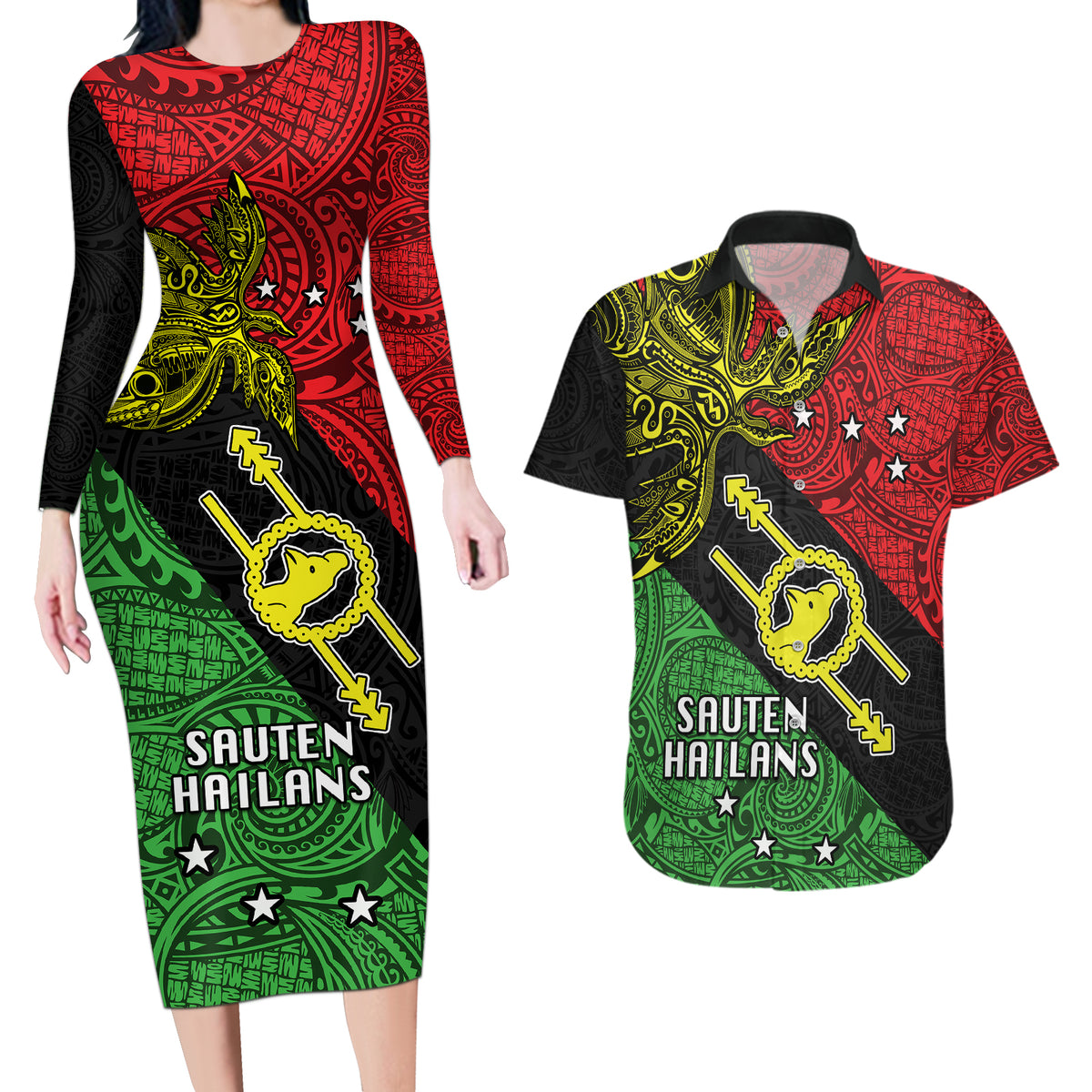 Papua New Guinea Southern Highlands Province Couples Matching Long Sleeve Bodycon Dress and Hawaiian Shirt PNG Birds Of Paradise Polynesian Arty Style LT03 Black - Polynesian Pride