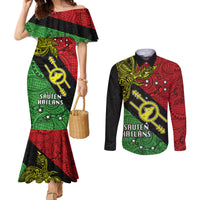 Papua New Guinea Southern Highlands Province Couples Matching Mermaid Dress and Long Sleeve Button Shirts PNG Birds Of Paradise Polynesian Arty Style LT03 Black - Polynesian Pride