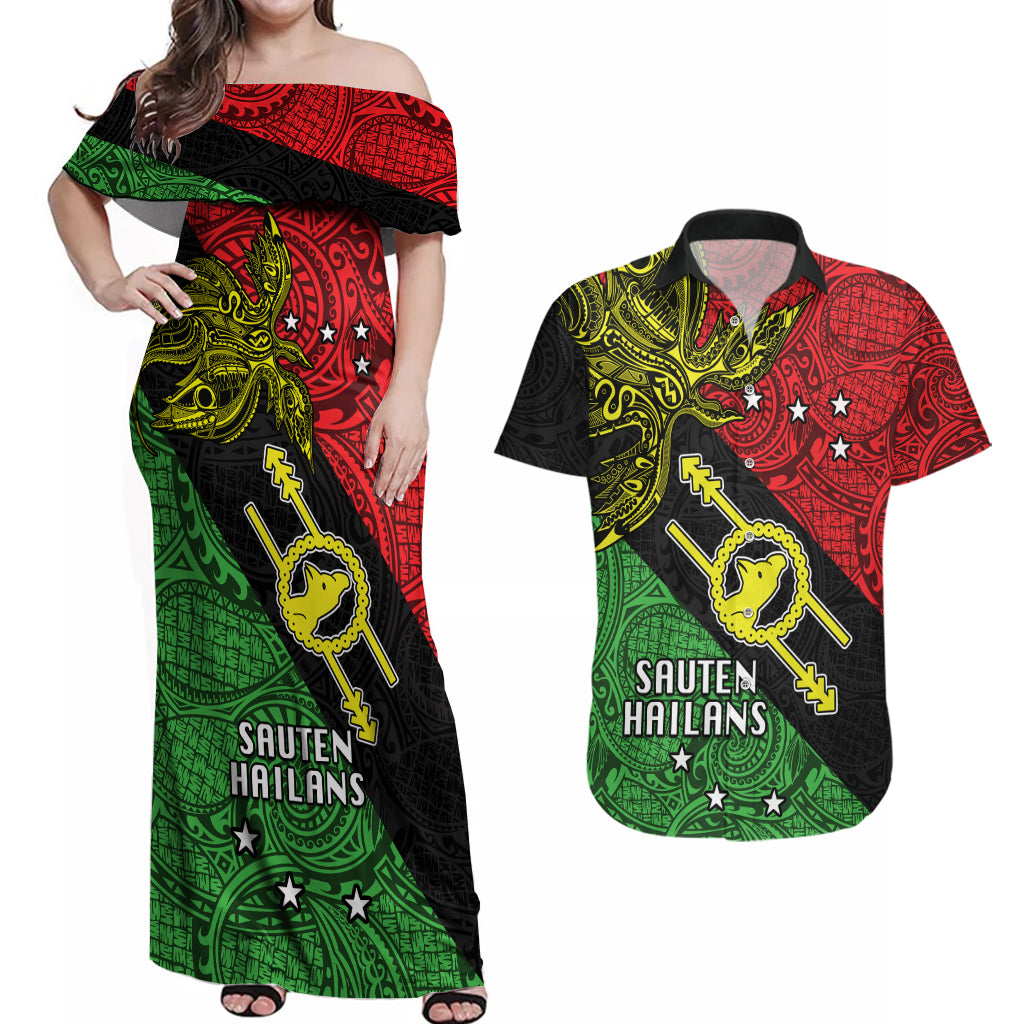Papua New Guinea Southern Highlands Province Couples Matching Off Shoulder Maxi Dress and Hawaiian Shirt PNG Birds Of Paradise Polynesian Arty Style LT03 Black - Polynesian Pride