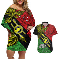 Papua New Guinea Southern Highlands Province Couples Matching Off Shoulder Short Dress and Hawaiian Shirt PNG Birds Of Paradise Polynesian Arty Style LT03 Black - Polynesian Pride