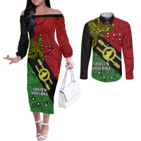 Papua New Guinea Southern Highlands Province Couples Matching Off The Shoulder Long Sleeve Dress and Long Sleeve Button Shirts PNG Birds Of Paradise Polynesian Arty Style LT03 Black - Polynesian Pride