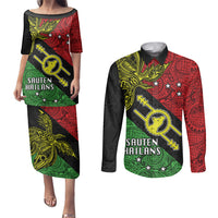 Papua New Guinea Southern Highlands Province Couples Matching Puletasi Dress and Long Sleeve Button Shirts PNG Birds Of Paradise Polynesian Arty Style LT03 Black - Polynesian Pride