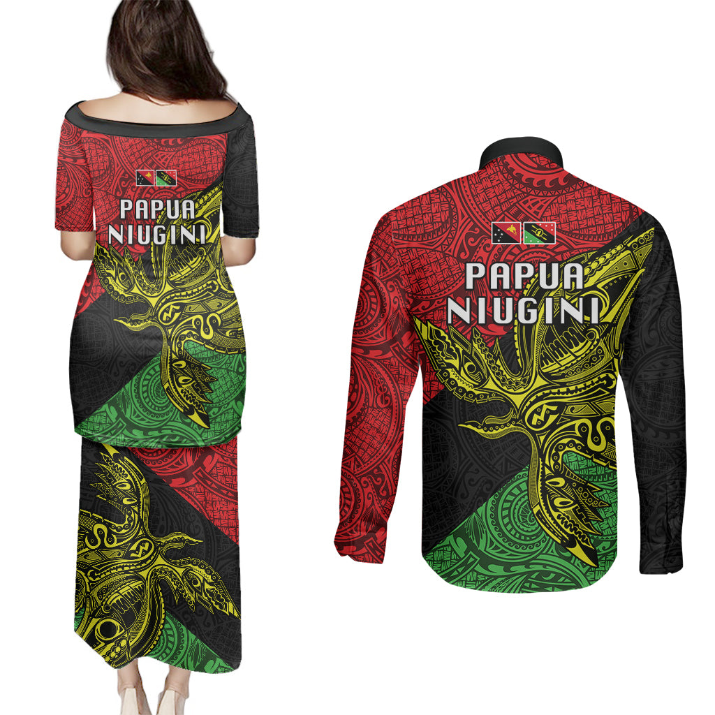 Papua New Guinea Southern Highlands Province Couples Matching Puletasi Dress and Long Sleeve Button Shirts PNG Birds Of Paradise Polynesian Arty Style LT03 - Polynesian Pride