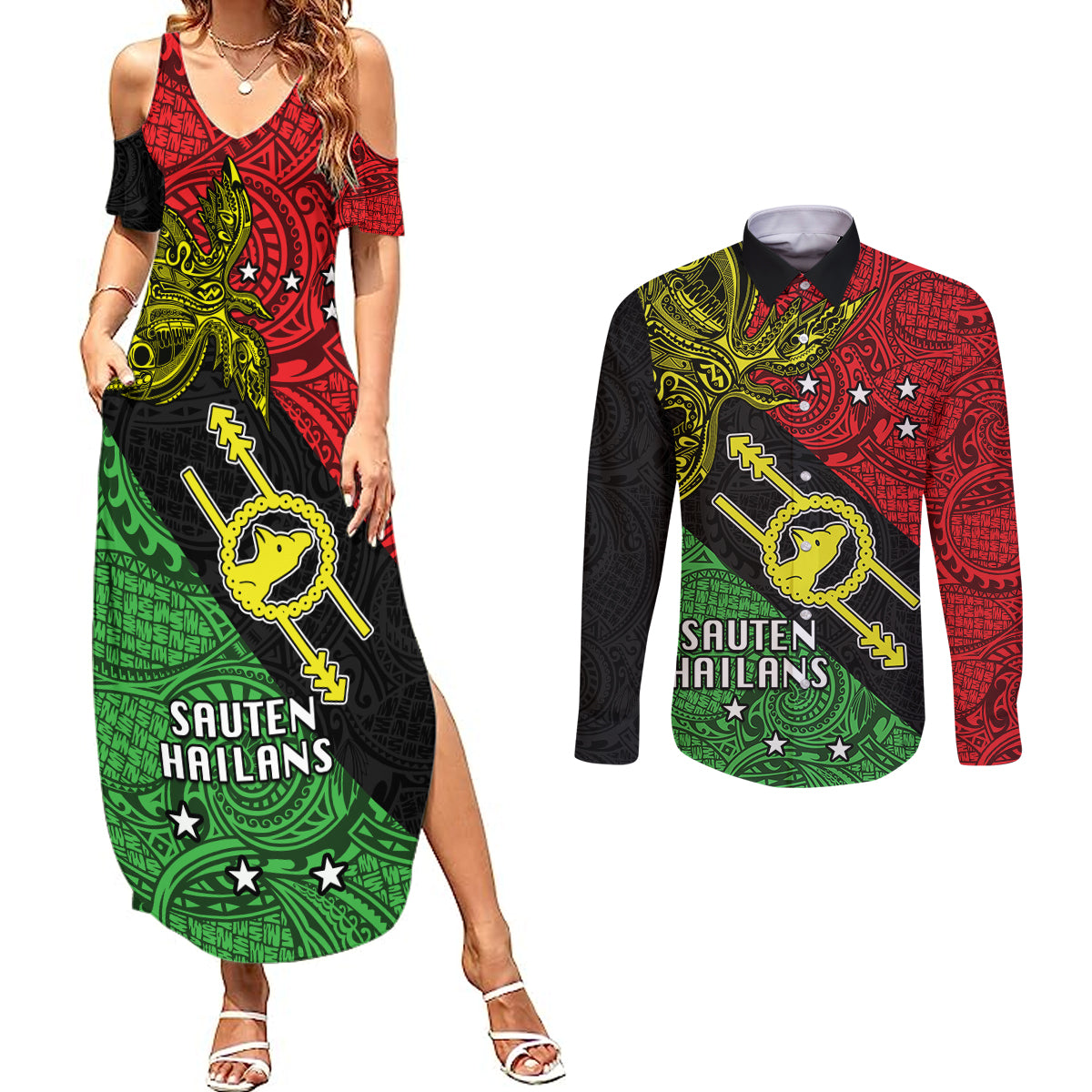 Papua New Guinea Southern Highlands Province Couples Matching Summer Maxi Dress and Long Sleeve Button Shirts PNG Birds Of Paradise Polynesian Arty Style LT03 Black - Polynesian Pride