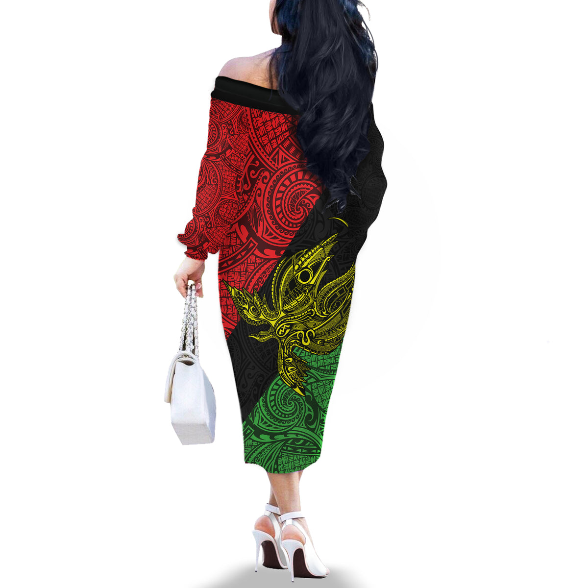 Papua New Guinea Southern Highlands Province Off The Shoulder Long Sleeve Dress PNG Birds Of Paradise Polynesian Arty Style LT03 - Polynesian Pride