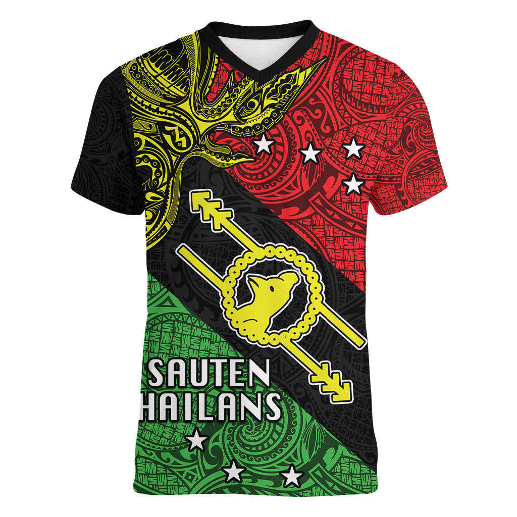 Papua New Guinea Southern Highlands Province Women V Neck T Shirt PNG Birds Of Paradise Polynesian Arty Style LT03 Female Black - Polynesian Pride